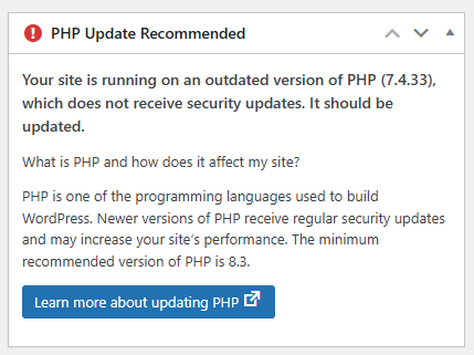 PHP Update Recommended - WordPress Dashboard message. PHP 8 upgrade is required